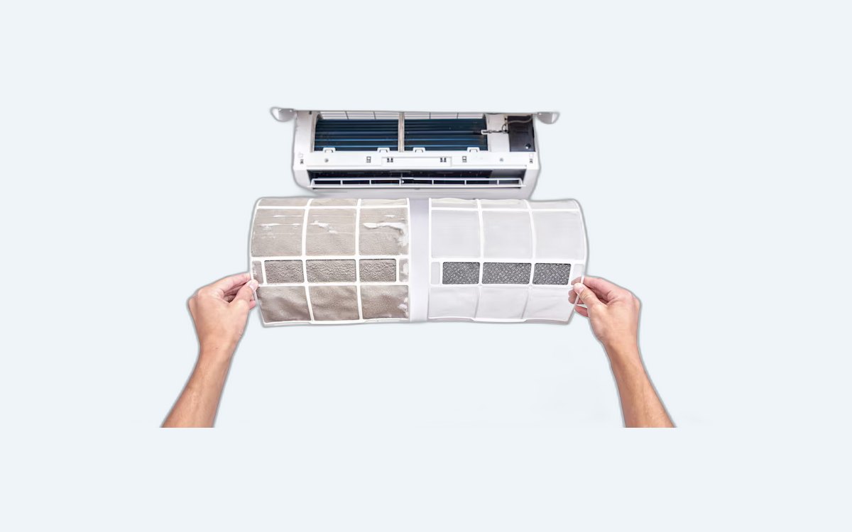 Dirty and clean aircon filters side by side